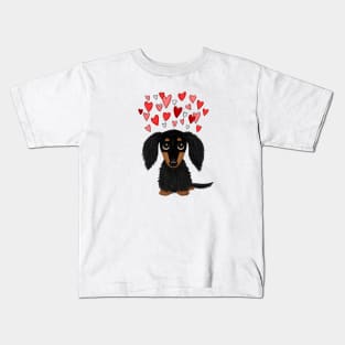 Cute Dog | Black and Tan Longhaired Dachshund with Hearts Kids T-Shirt